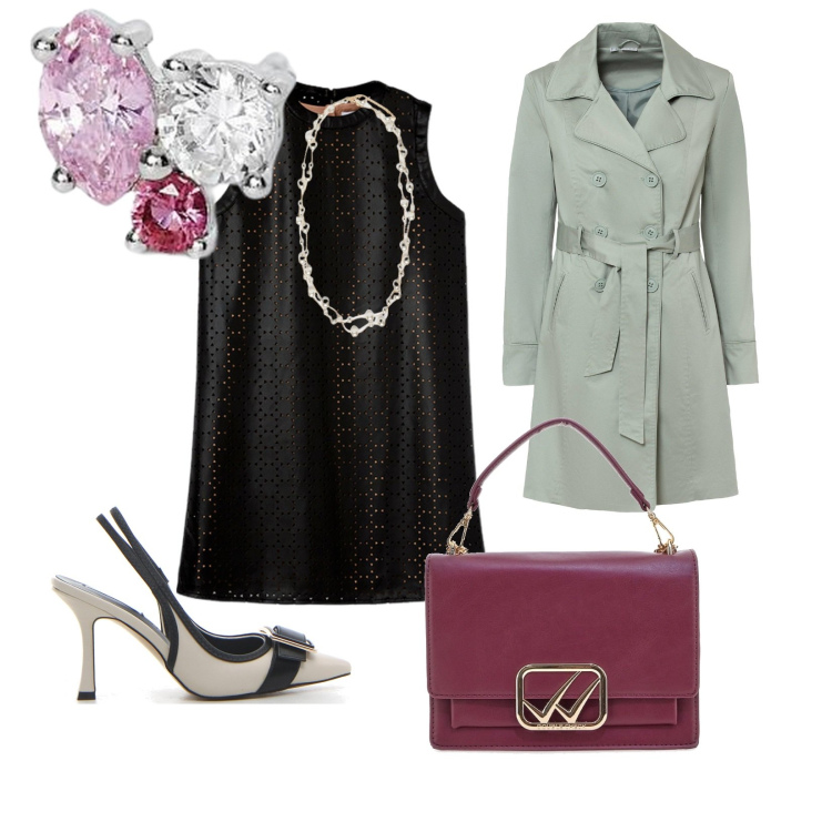 Outfit donna - Cerimonia con la pioggia. per Cerimonia. Abbinamento con trench, orecchini, borse a tracolla, vestiti a tubino, décolleté, collane.