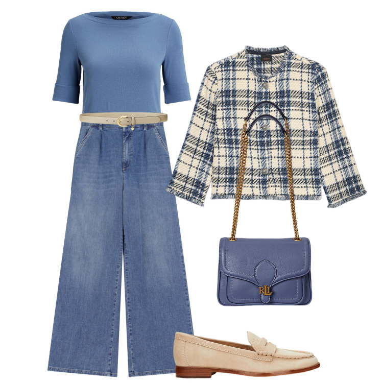 Outfit donna - Stile parigino. Stile Casual chic per Tutti i giorni. Abbinamento con jeans, borse a spalla, t-shirt, mocassini, cinture, blazer.