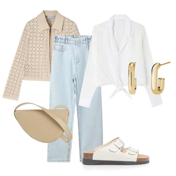 Outfit donna - Beige e colori neutri. Stile Casual per Tutti i giorni. Abbinamento con borse a tracolla, camicie, jeans, orecchini, blazer, ciabatte.