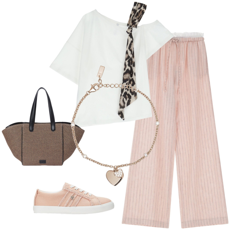Outfit donna - Total look #2125449. Stile Casual per Tutti i giorni. Abbinamento con braccialetti con ciondoli, pantaloni, t-shirt, sneakers, shopping bag.