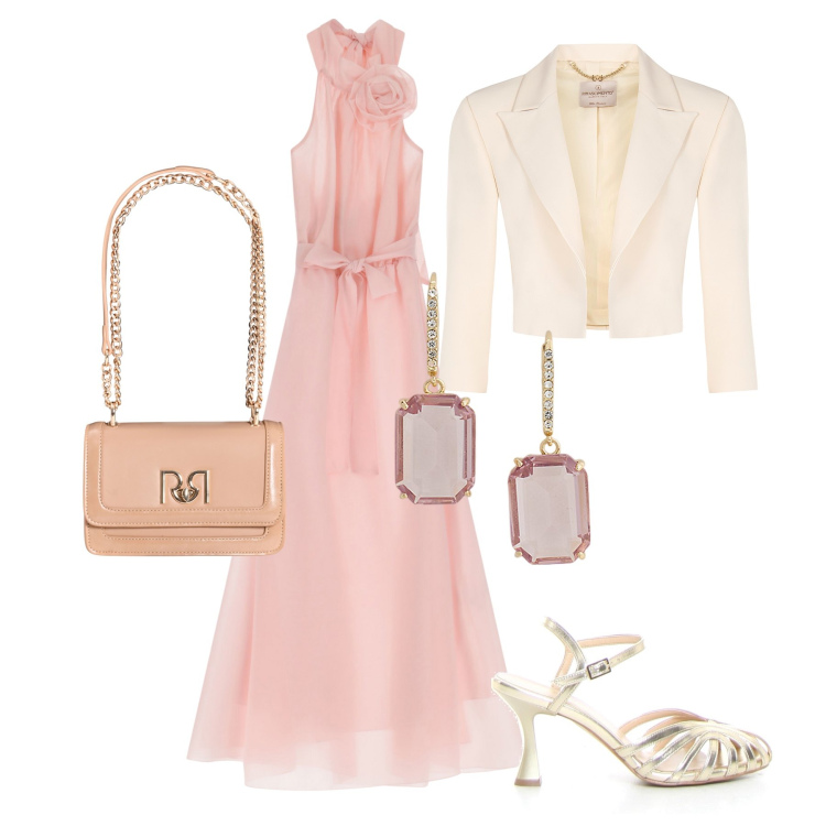 Outfit donna - Cerimonia in rosa. Stile Romantica per Cerimonia. Abbinamento con borse a tracolla, bolero, vestiti lunghi, orecchini, sandali col tacco.