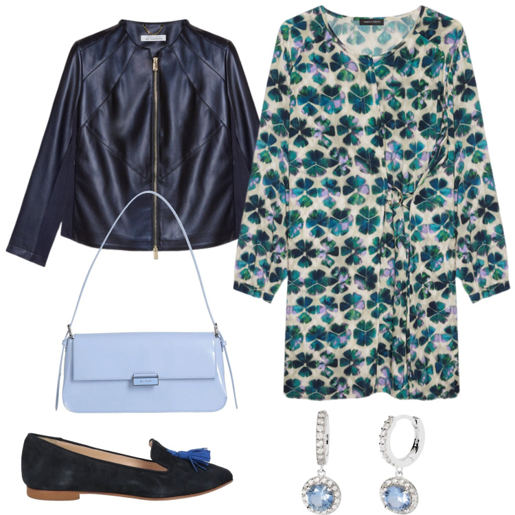 Outfit donna - Abito fantasia e giacca biker. Stile Casual per Tutti i giorni. Abbinamento con borse a spalla, mocassini, orecchini, vestiti corti, blazer.