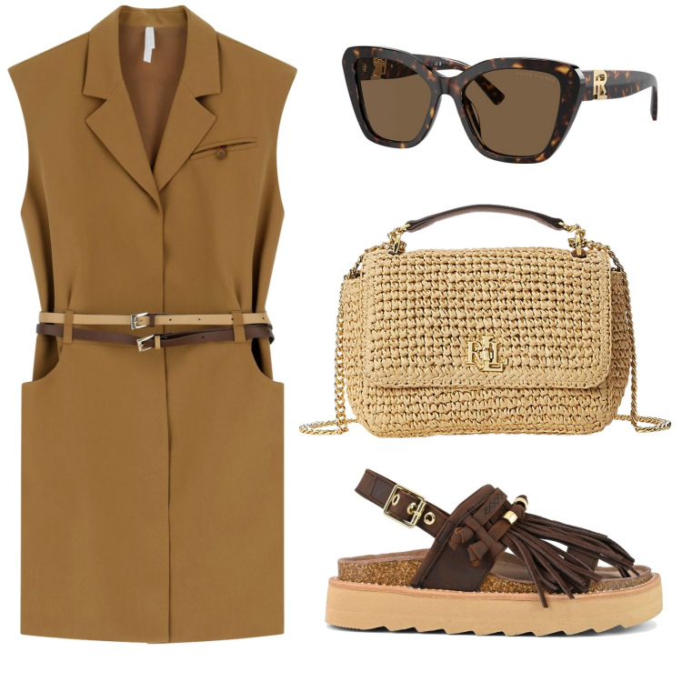 Outfit donna - Total look #2125469. Stile Trendy per Tutti i giorni. Abbinamento con vestiti corti, occhiali da sole, borse a spalla, sandali.