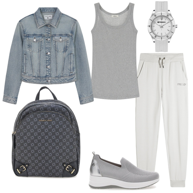 Outfit donna - Grey Lights. Stile Casual per Tutti i giorni. Abbinamento con blazer, canottiere, pantaloni, orologi, mocassini, zaini.