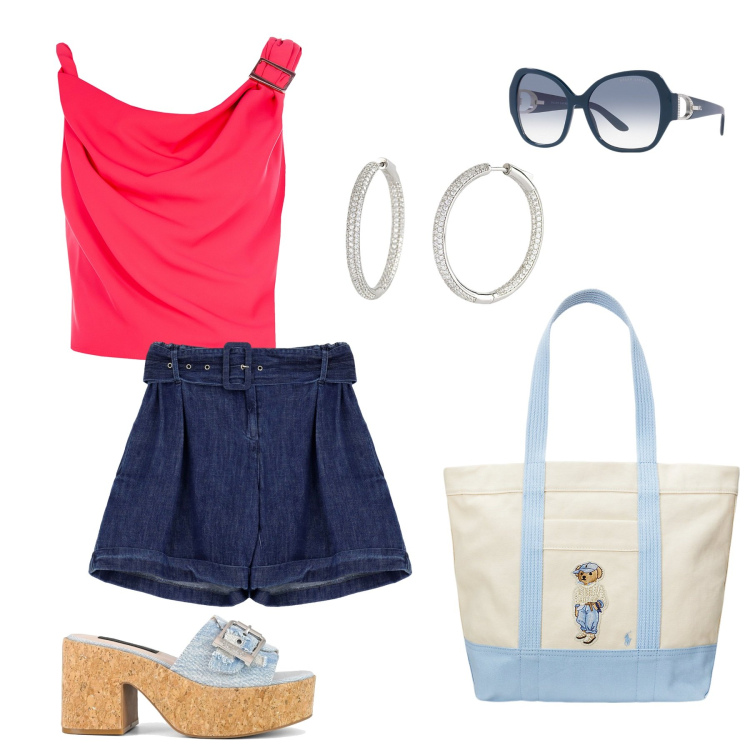 Outfit donna - Shorts in jeans. Stile Basic per Tutti i giorni. Abbinamento con orecchini, shorts, top, occhiali da sole, borse tote, sandali.