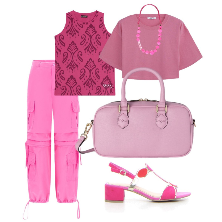 Outfit donna - 2 is better than one!. Stile Sporty chic per Ufficio. Abbinamento con t-shirt, pantaloni cargo, canottiere, collane, sandali col tacco, borse a mano.