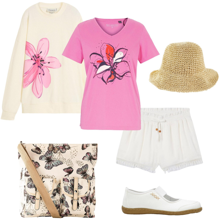 Outfit donna - Fantasie. Stile Basic per Tutti i giorni. Abbinamento con ballerine, cappelli, t-shirt, borse a tracolla, felpe, shorts.