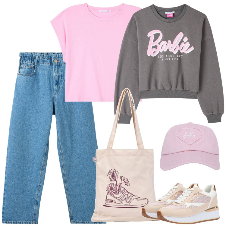 Outfit donna - Barbie girl. Stile Casual per Scuola/Università. Abbinamento con felpe, t-shirt, cappelli, jeans, shopping bag, sneakers.