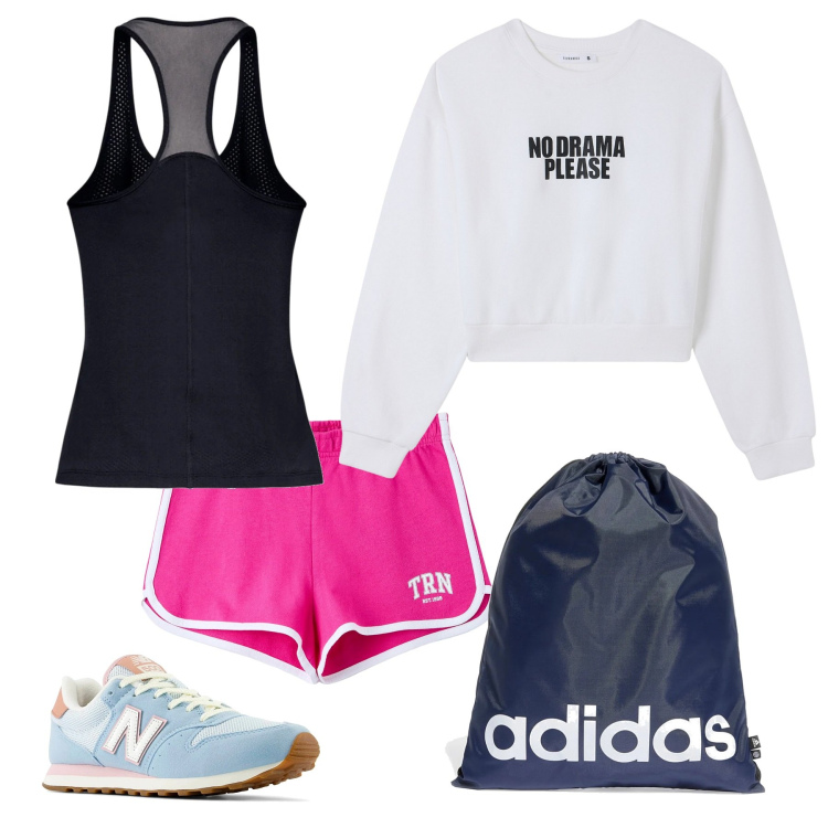 Outfit donna - Jogging. Stile Sporty chic per Tutti i giorni. Abbinamento con shorts, felpe, zaini, canottiere, sneakers.