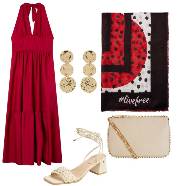 Outfit donna - Comunione in rosso. Stile Etnico per Cerimonia. Abbinamento con vestiti lunghi, sandali alla schiava, borse a tracolla, foulard, orecchini.