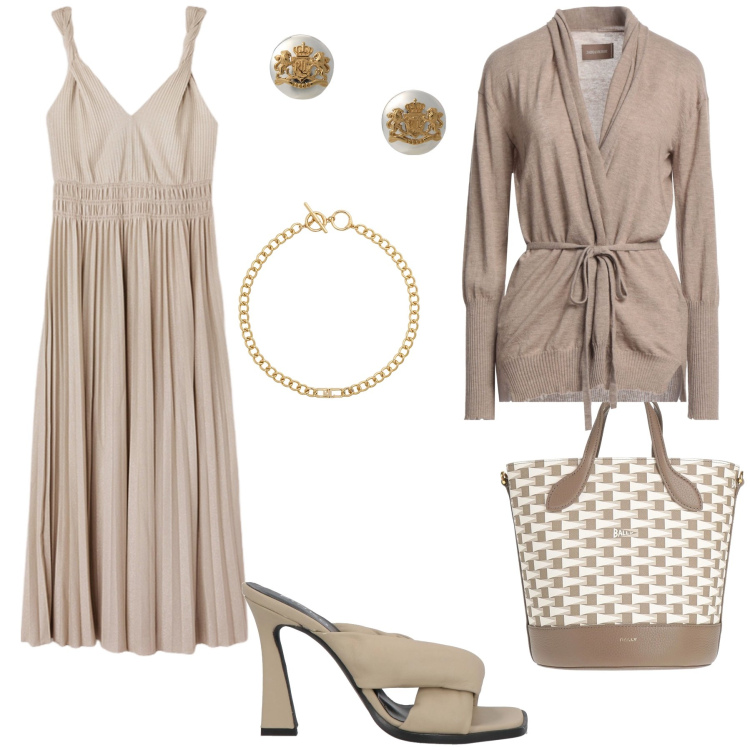 Outfit donna - Il colore sabbia. Stile Casual chic per Tutti i giorni. Abbinamento con sandali in pelle, borse a secchiello, cardigans, orecchini, collane, vestiti lunghi.
