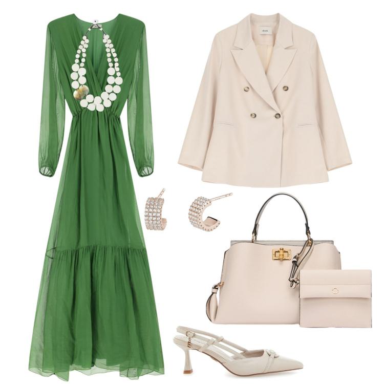 Outfit donna - In verde. Stile Chic per Tutti i giorni. Abbinamento con orecchini, blazer, vestiti lunghi, décolleté, ciondoli, borse a mano.