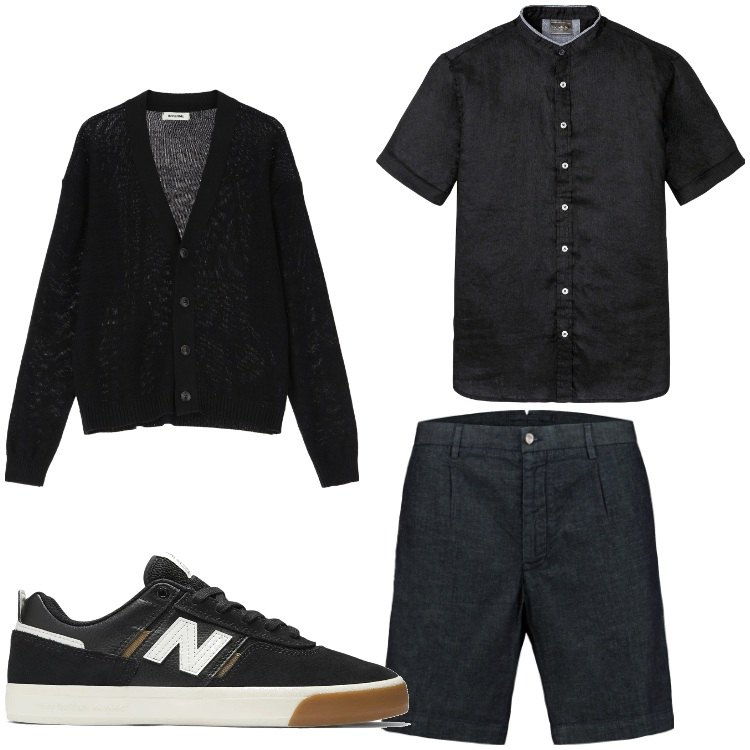 Outfit uomo - Fresche sere. Stile Casual per Tutti i giorni. Abbinamento con camicie a manica corta, sneakers, cardigans, bermuda.