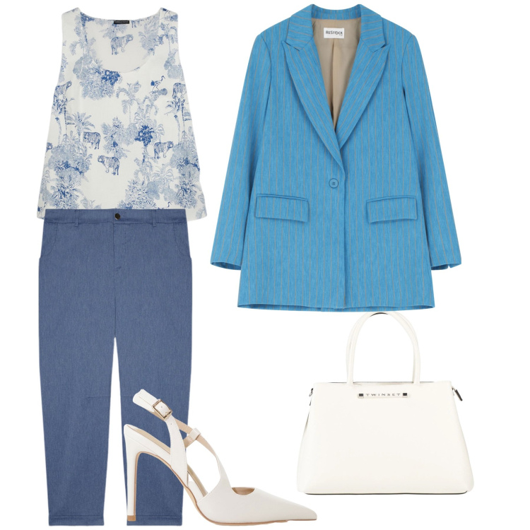 Outfit donna - La passeggiata di Domenica. Stile Chic per Tutti i giorni. Abbinamento con borse a mano, décolleté, blazer, top, pantaloni.