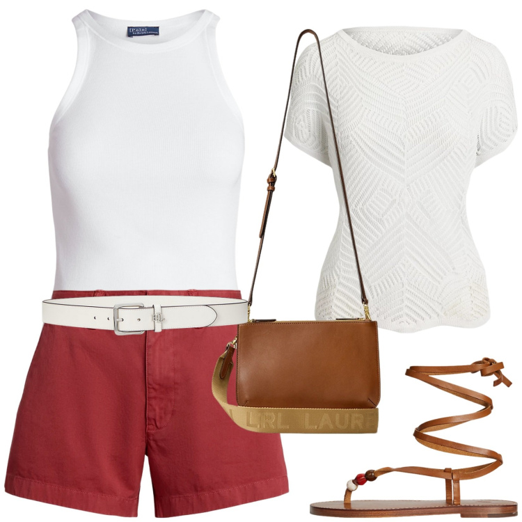 Outfit donna - Maglia in rete con motivo geometrico. Stile Casual per Mare. Abbinamento con canottiere, borse a tracolla, maglieria, sandali gioiello, cinture, shorts.