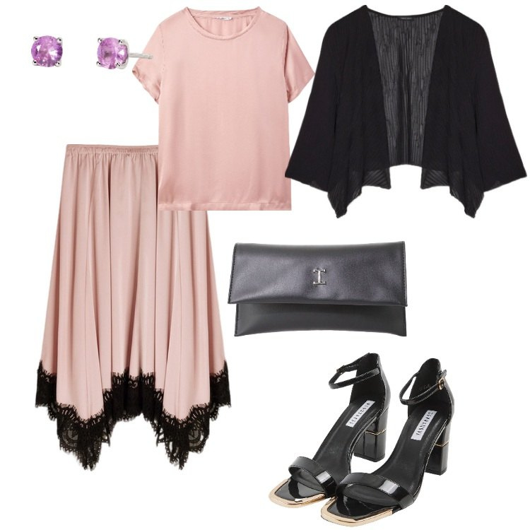 Outfit donna - Rosa con pizzo. Stile Romantica per Serata fuori. Abbinamento con sabot, t-shirt, orecchini, pochette, bolero, gonne.