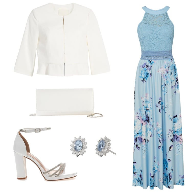 Outfit donna - Battesimo bimbo. Stile Romantica per Cerimonia. Abbinamento con vestiti lunghi, blazer, pochette, orecchini, sandali col tacco.