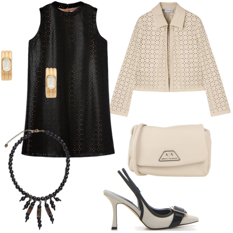Outfit donna - Il vestito a tubino traforato. Stile Casual chic per Serata fuori. Abbinamento con borse a tracolla, orecchini, vestiti a tubino, collane, blazer, décolleté.
