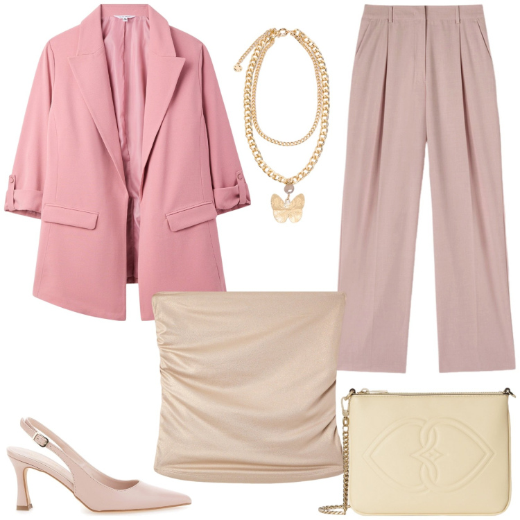 Outfit donna - Tailleur. Stile Trendy per Tutti i giorni. Abbinamento con top, blazer, décolleté, pantaloni a palazzo, pochette, collane.