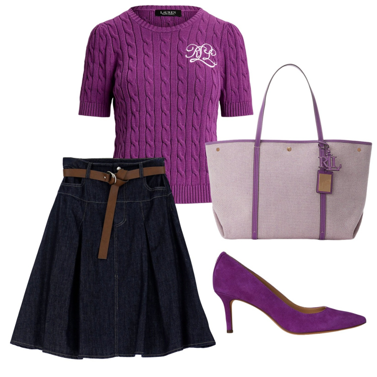 Outfit donna - Maglia viola trecce. Stile Casual chic per Ufficio. Abbinamento con gonne longuette, décolleté, t-shirt, borse tote.