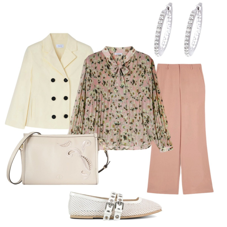 Outfit donna - Colori pastello per la Comunione. Stile Chic per Cerimonia. Abbinamento con orecchini, ballerine, bluse, pantaloni a palazzo, blazer, borse a tracolla.