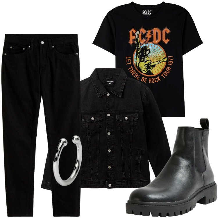 Outfit uomo - Estate metallo. Stile Biker Rock per Tutti i giorni. Abbinamento con jeans slim fit, t-shirt, giacche, stivali e stivaletti, orecchini.