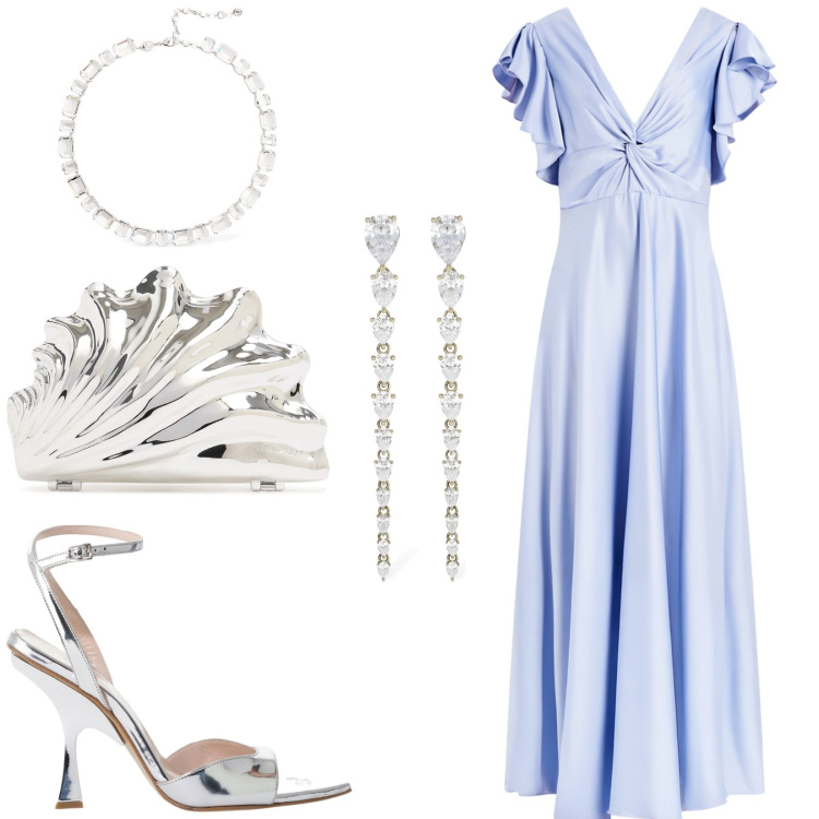 Outfit donna - Cerimonia in azzurro e argento. Stile Glamour per Cerimonia. Abbinamento con décolleté, vestiti lunghi, pochette, orecchini, collane.