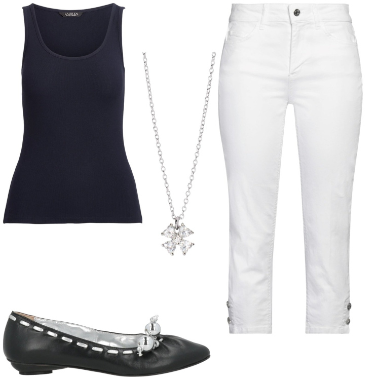 Outfit donna - Canotta e jeans. Stile Casual per Tutti i giorni. Abbinamento con ballerine, jeans dritti, collane, canottiere.