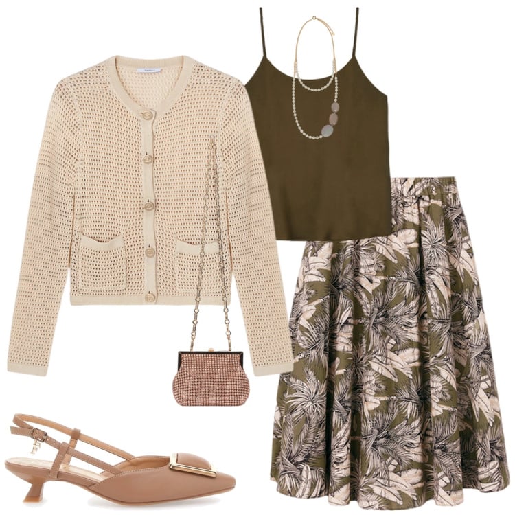 Outfit donna - Cerimonia informale. Stile Chic per Cerimonia. Abbinamento con décolleté, gonne longuette, cardigans, clutch, top, collane.