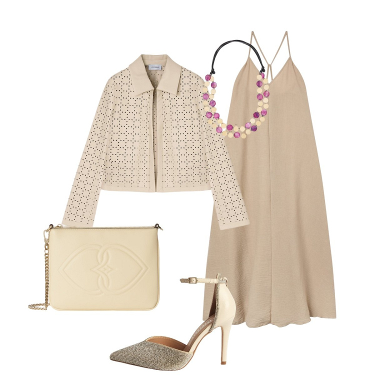 Outfit donna - Elegante e comodo. Stile Chic per Cerimonia. Abbinamento con vestiti lunghi, décolleté, blazer, collane, pochette.