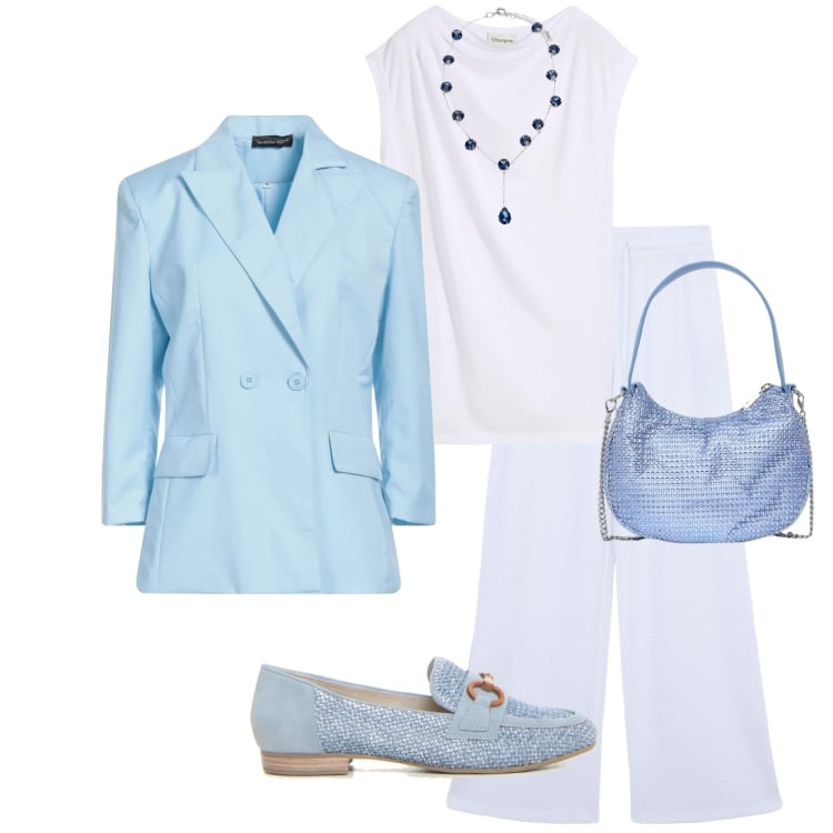 Outfit donna - Serata con amici. Stile Casual chic per Serata fuori. Abbinamento con bluse, blazer, pantaloni, borse a spalla, mocassini, collane.