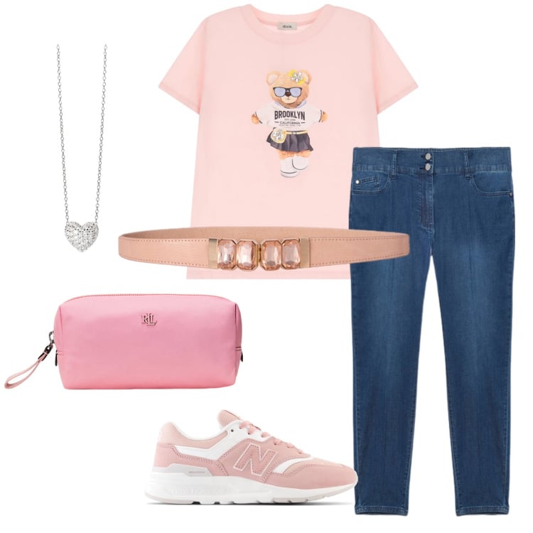 Outfit donna - Total look #2125555. Stile Casual per Tutti i giorni. Abbinamento con collane, sneakers, t-shirt, pochette, jeans skinny, cinture.