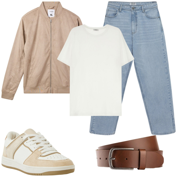 Outfit uomo - Look primaverile. Stile Casual per Tutti i giorni. Abbinamento con cinture, bomber, sneakers, jeans, t-shirt.