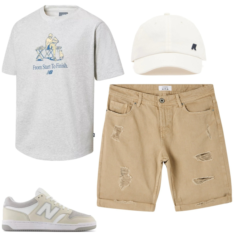 Outfit uomo - Sporty. Stile Casual per Tutti i giorni. Abbinamento con bermuda, t-shirt, sneakers, cappelli.