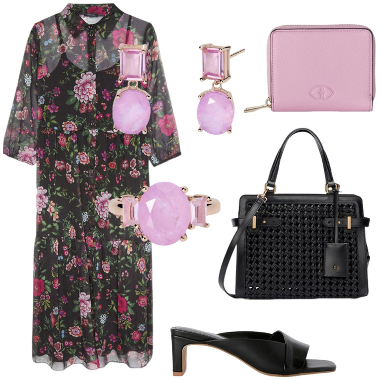 Outfit donna - Fiorella. Stile Romantica per Tutti i giorni. Abbinamento con orecchini, anelli, vestiti lunghi, borse a mano, portafogli, sabot.