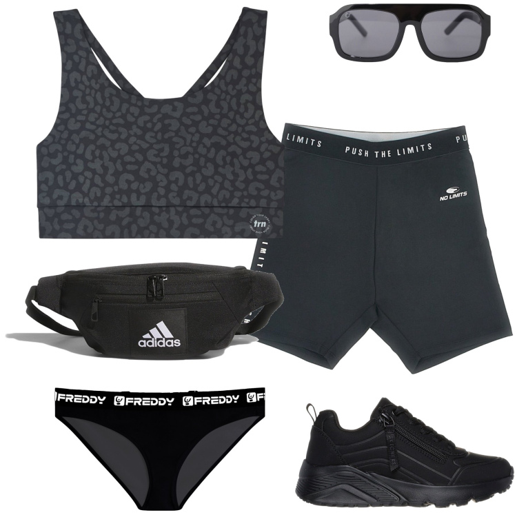 Outfit donna - No limits. Stile Basic per Sport. Abbinamento con canottiere, occhiali da sole, culotte, pantaloni corti, sneakers, marsupi.