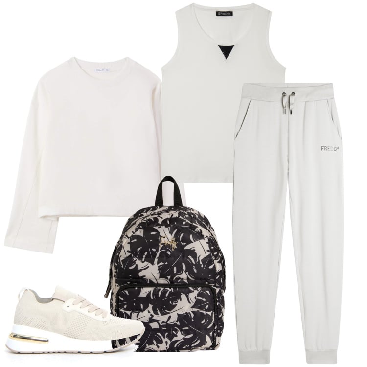 Outfit donna - Il completo di Freddy. Stile Sporty chic per Sport. Abbinamento con felpe, pantaloni, zaini, canottiere, sneakers.