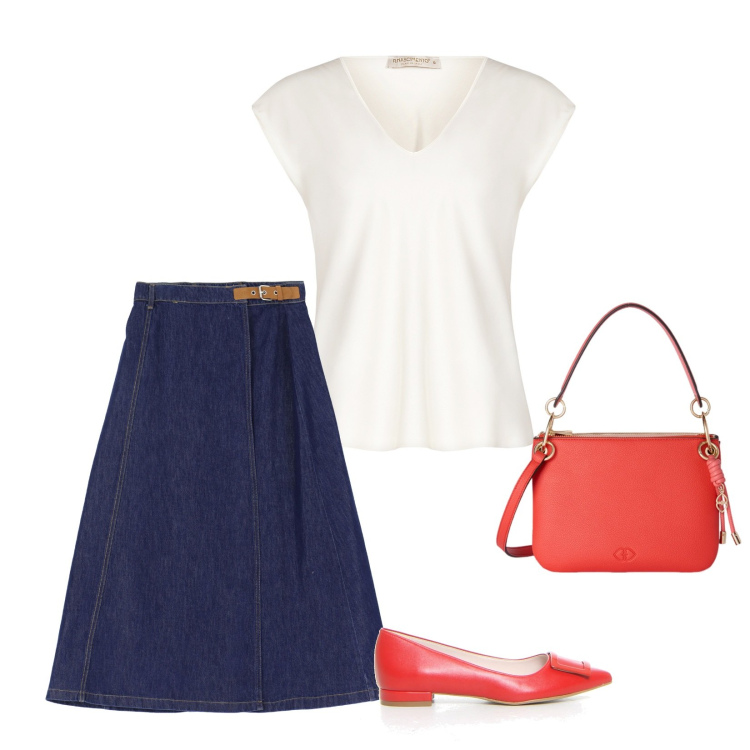 Outfit donna - Semplice in rosso. Stile Casual chic per Tutti i giorni. Abbinamento con gonne lunghe, bluse, ballerine, borse a tracolla.