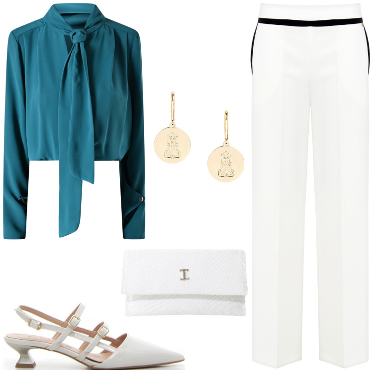 Outfit donna - Cerimonia informale. Stile Glamour per Cerimonia. Abbinamento con pantaloni a palazzo, bluse, borse a tracolla, orecchini, décolleté.