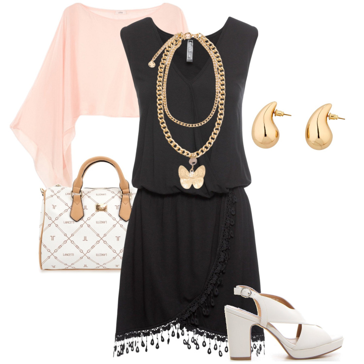 Outfit donna - Serata estiva. Stile Bon Ton per Serata fuori. Abbinamento con vestiti, orecchini, sandali col tacco, bolero, borse a mano, collane.