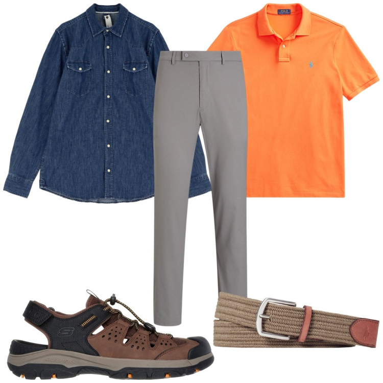 Outfit uomo - Total look #2125588. Stile Trendy per Tutti i giorni. Abbinamento con camicie, polo, cinture, pantaloni, sandali.