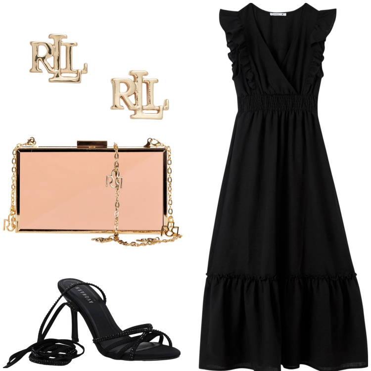 Outfit donna - Per la serata speciale. Stile Chic per Serata fuori. Abbinamento con vestiti lunghi, sandali alla schiava, pochette, orecchini.