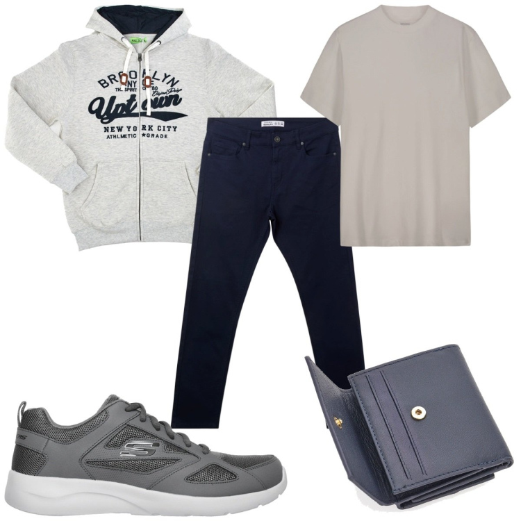 Outfit uomo - Total look #2125595. Stile Casual per Tutti i giorni. Abbinamento con pantaloni skinny, sneakers, portafogli, felpe con cappuccio, t-shirt.