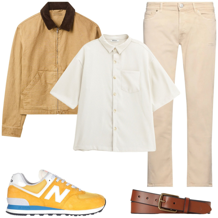 Outfit uomo - Mezza stagione. Stile Casual per Tutti i giorni. Abbinamento con pantaloni, cappotti, camicie a manica corta, cinture, sneakers.