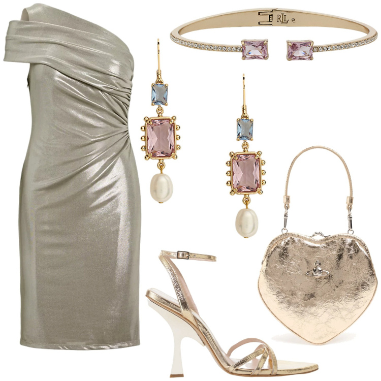 Outfit donna - Cerimonia Shiny. Stile Chic per Cerimonia. Abbinamento con sandali col tacco, vestiti asimmetrici, orecchini, braccialetti, pochette.