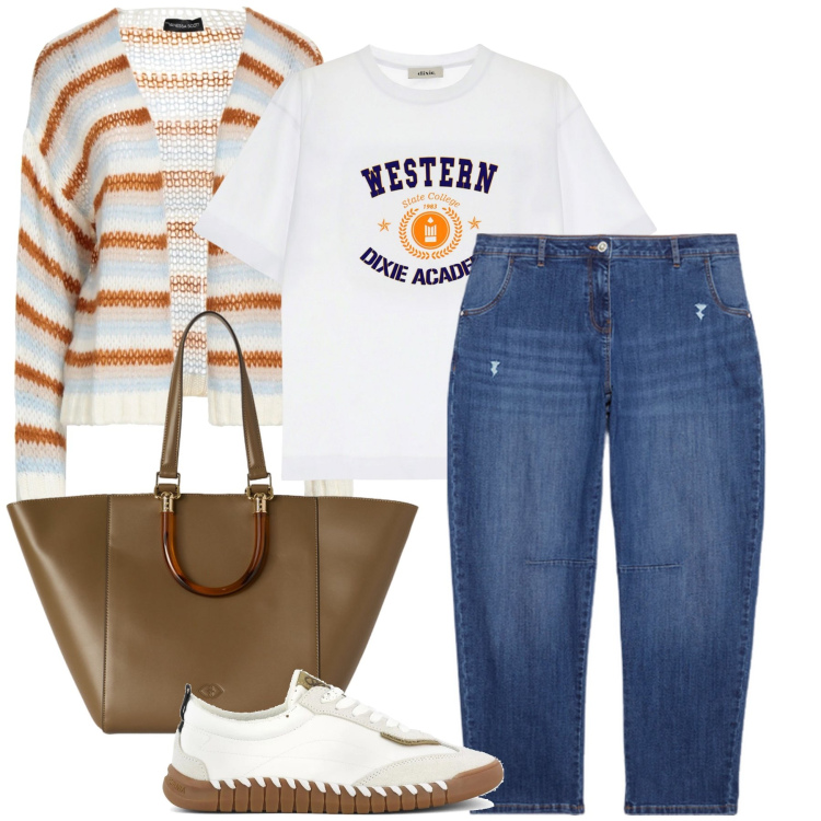 Outfit donna - Il cardigan a righe. Stile Minimal per Tutti i giorni. Abbinamento con cardigans, t-shirt, jeans strappati, sneakers, shopping bag.
