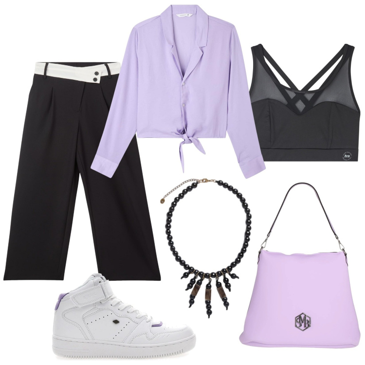 Outfit donna - Purple Energy. Stile Casual chic per Tutti i giorni. Abbinamento con borse a spalla, camicie, pantaloni, canottiere, sneakers, collane.