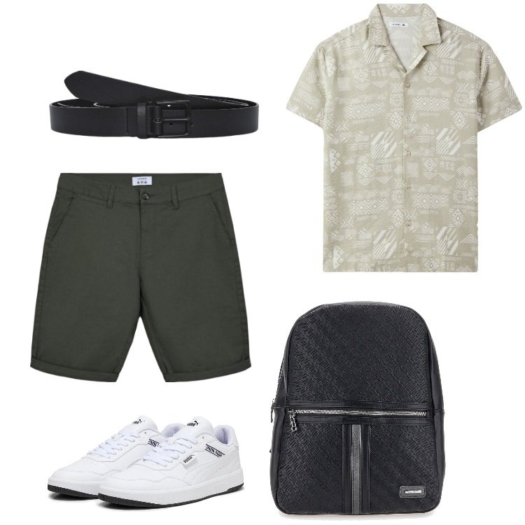 Outfit uomo - Camicia etnica. Stile Casual per Tutti i giorni. Abbinamento con camicie a manica corta, cinture, bermuda, borse sportive, sneakers.