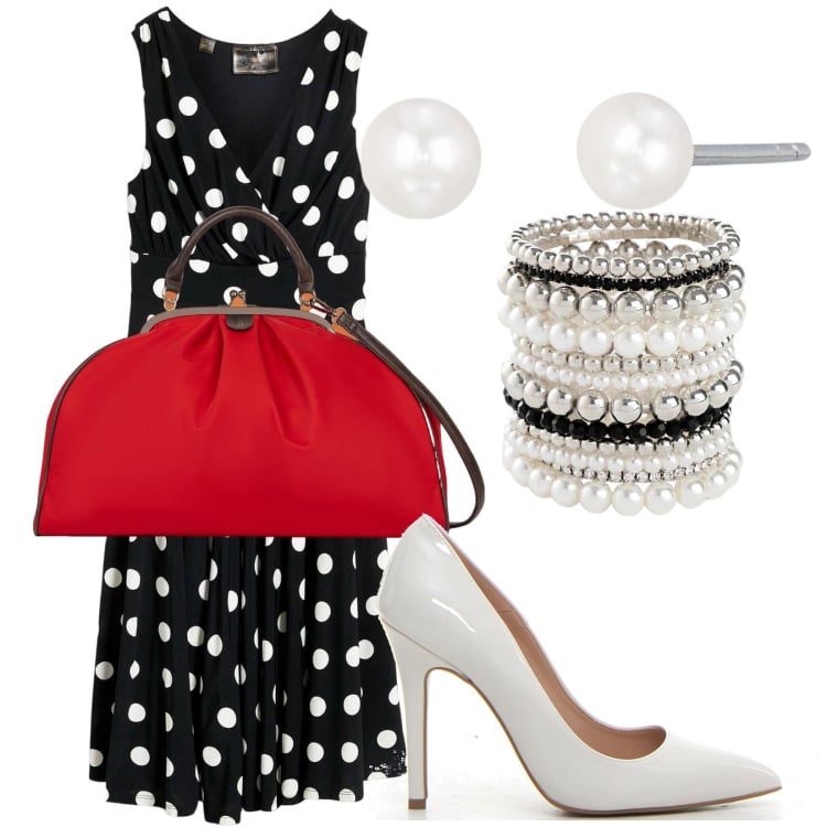 Outfit donna - Il vestito anni 50 outfit versatile. Stile Vintage retrò per Tutti i giorni. Abbinamento con vestiti, braccialetti, orecchini, décolleté, borse a spalla.