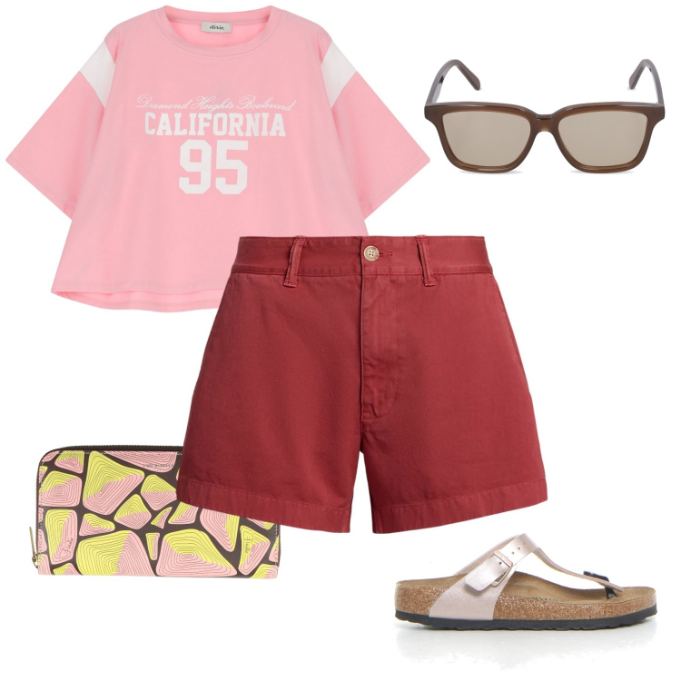 Outfit donna - Gli shorts bordeaux. Stile Basic per Mare. Abbinamento con portafogli, t-shirt, shorts, occhiali da sole, infradito.